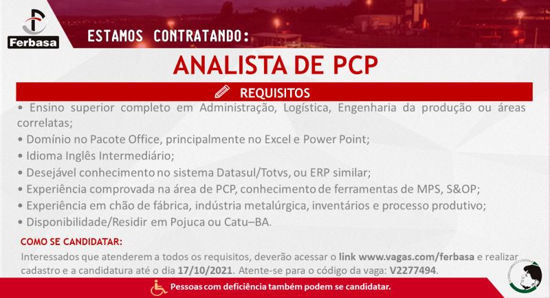 Ferbasa está contratando analista de PCP