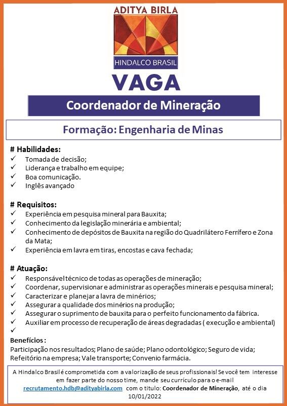 Hindalco está com vaga aberta para coordenador de mineração